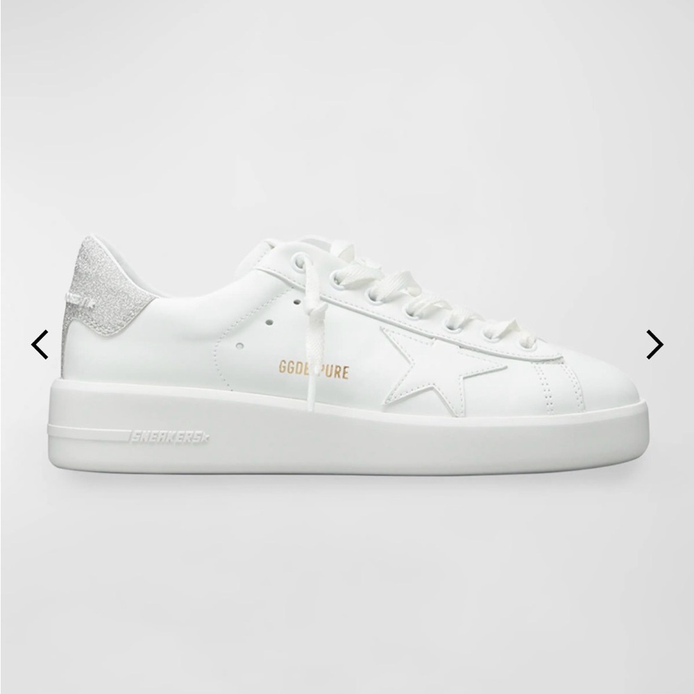 Golden Goose White Leather Platform Sneakers with Silver Heel Tab